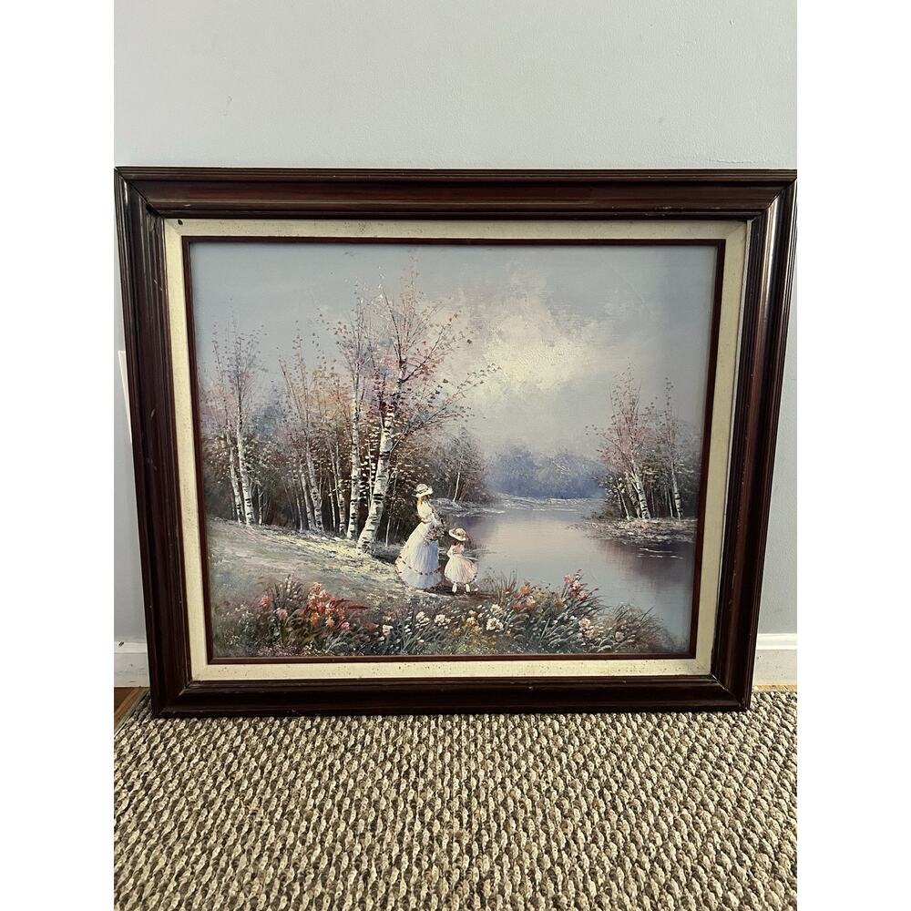 Vintage Original Oil Canvas Mother Daughter Forest Of Flowers Signed Walton